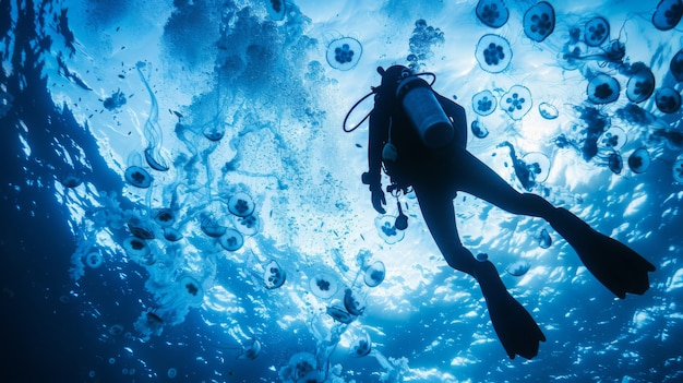 Free Photo portrait of scuba diver in the sea water with marine life