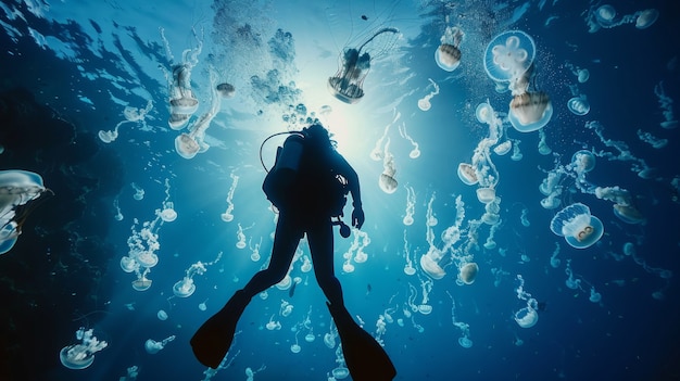 Free photo portrait of scuba diver in the sea water with marine life