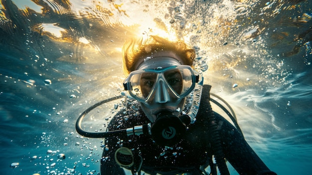 Free photo portrait of scuba diver in the sea water with marine life