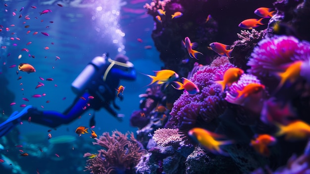 Portrait of scuba diver in the sea water with marine life