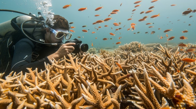 Portrait of scuba diver in the sea water with marine life