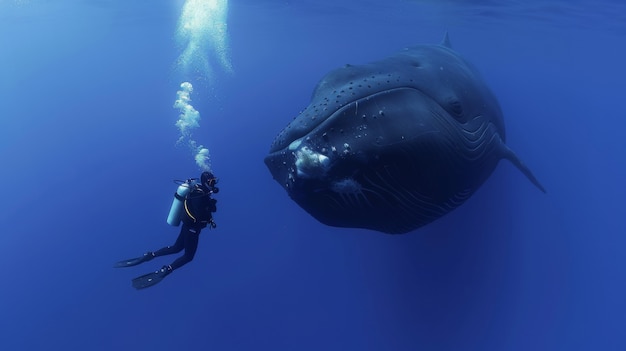 Portrait of scuba diver in the sea water with marine life