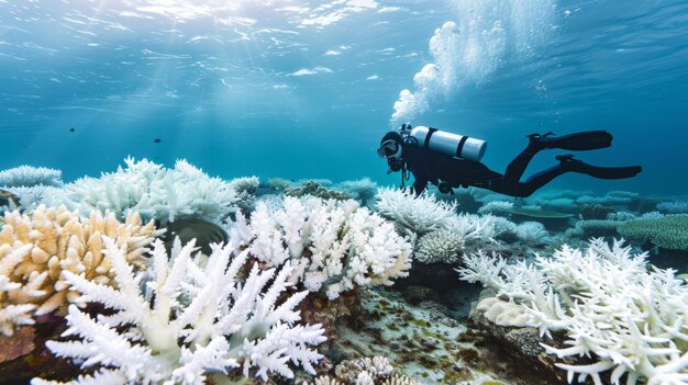 Portrait of scuba diver in the sea water with marine life