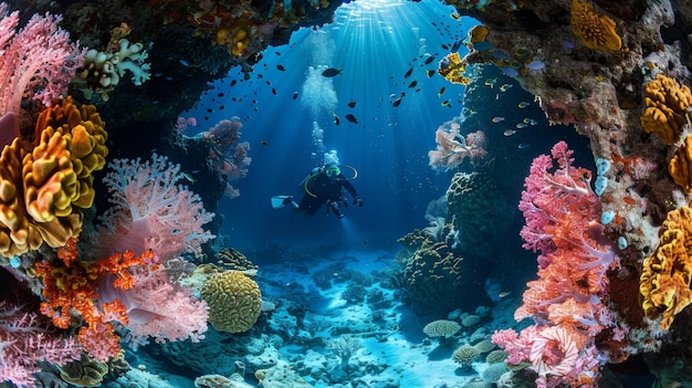 Portrait of scuba diver in the sea water with marine life