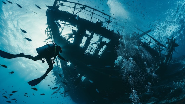 Portrait of scuba diver in the sea water with marine life