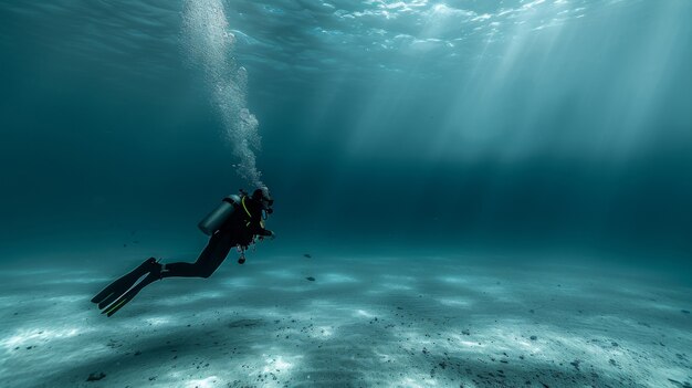 Portrait of scuba diver in the sea water with marine life