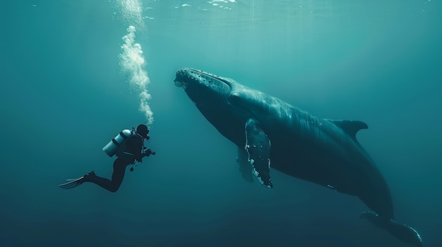 Portrait of scuba diver in the sea water with marine life