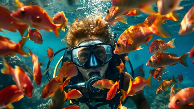 Portrait of scuba diver in the sea water with marine life