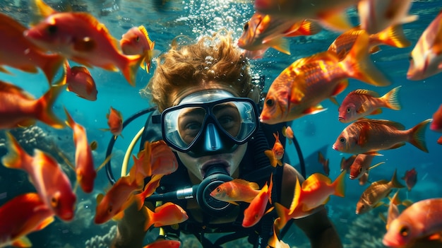 Portrait of scuba diver in the sea water with marine life