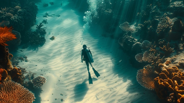 Portrait of scuba diver in the sea water with marine life