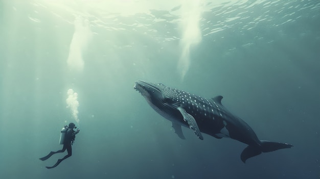 Free photo portrait of scuba diver in the sea water with marine life