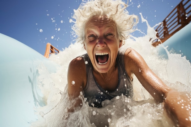 Free photo portrait of senior laughing woman at the water slide