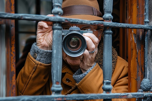 Free photo portrait of senior man holding camera device for world photography day celebration