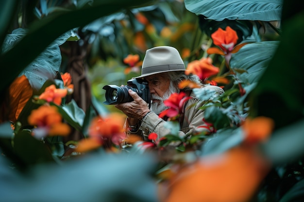 Free photo portrait of senior man holding camera device for world photography day celebration