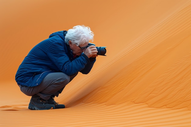 Free photo portrait of senior man holding camera device for world photography day celebration