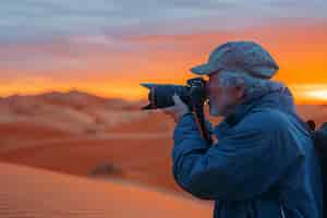 Free photo portrait of senior man holding camera device for world photography day celebration