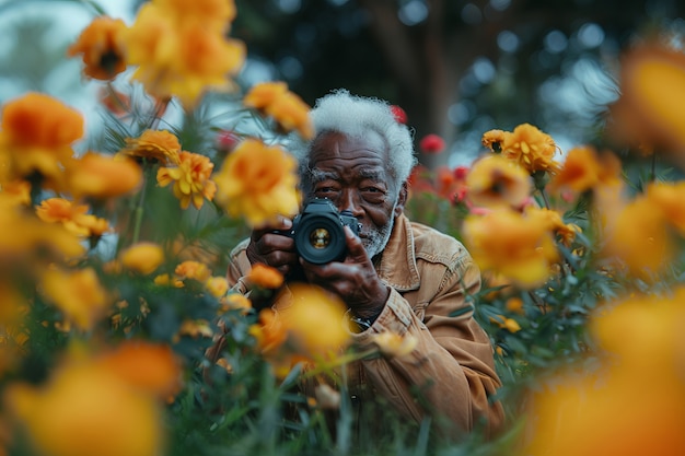 Portrait of senior man with camera device for world photography day celebration