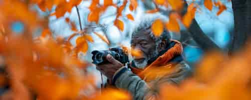 Free photo portrait of senior man with camera device for world photography day celebration