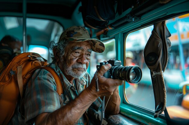 Portrait of senior man with camera device for world photography day celebration