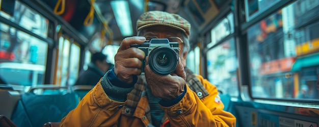 Free photo portrait of senior man with camera device for world photography day celebration