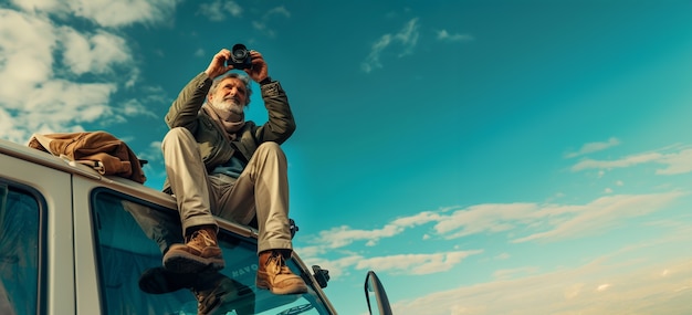 Free photo portrait of senior man with camera device for world photography day celebration