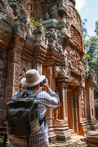 Free photo portrait of senior man with camera device for world photography day celebration