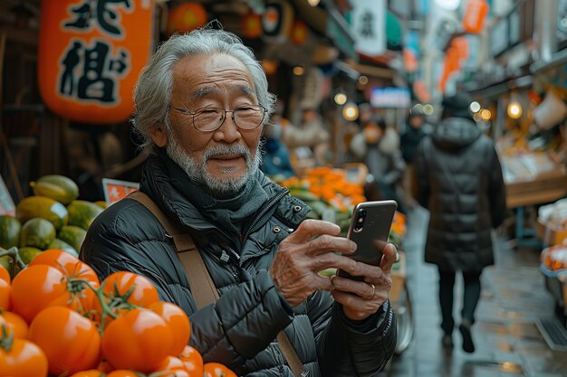 Portrait of senior man with camera device for world photography day celebration