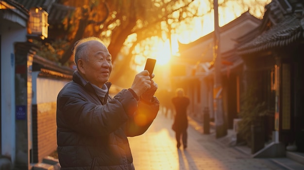 Portrait of senior man with camera device for world photography day celebration