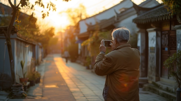 Portrait of senior man with camera device for world photography day celebration