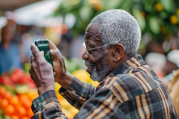 Portrait of senior man with camera device for world photography day celebration