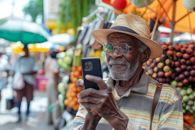 Portrait of senior man with camera device for world photography day celebration