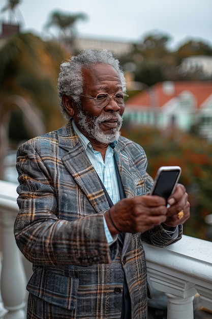 Free photo portrait of senior man with camera device for world photography day celebration