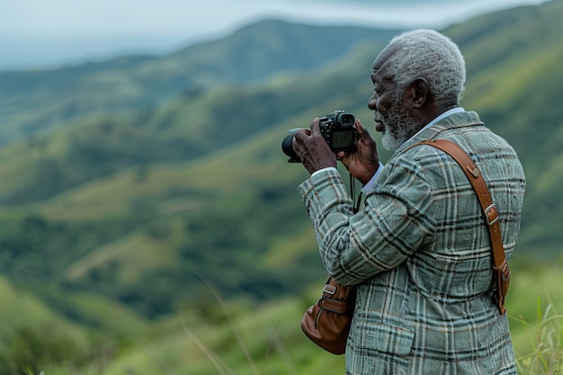 Free photo portrait of senior man with camera device for world photography day celebration