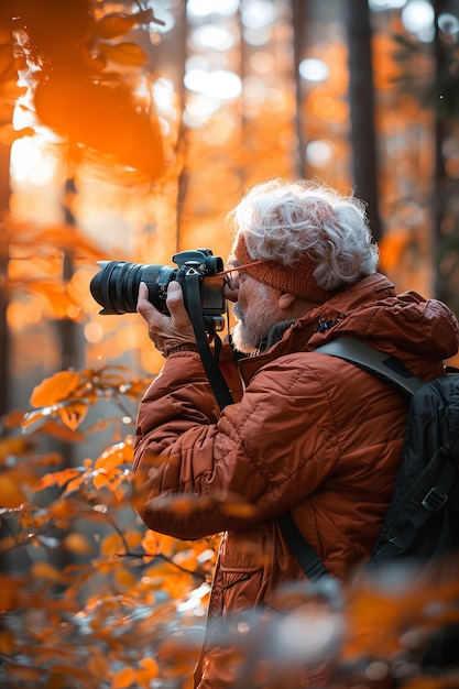 Free Photo portrait of senior man with camera device for world photography day celebration