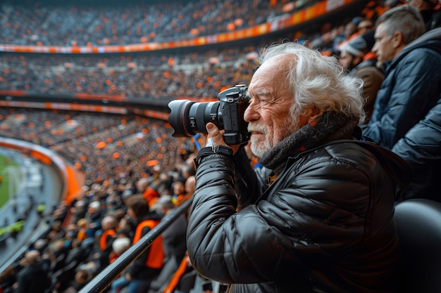 Free photo portrait of senior man with camera device for world photography day celebration