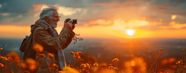 Free photo portrait of senior man with camera device for world photography day celebration