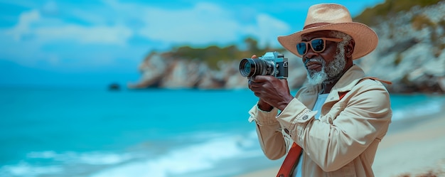 Free photo portrait of senior man with camera device for world photography day celebration