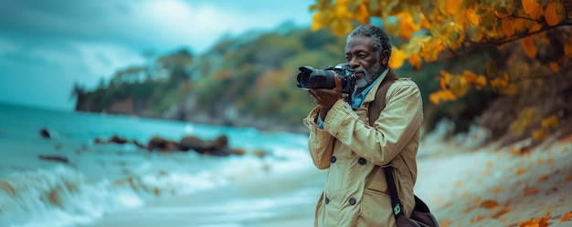 Free photo portrait of senior man with camera device for world photography day celebration