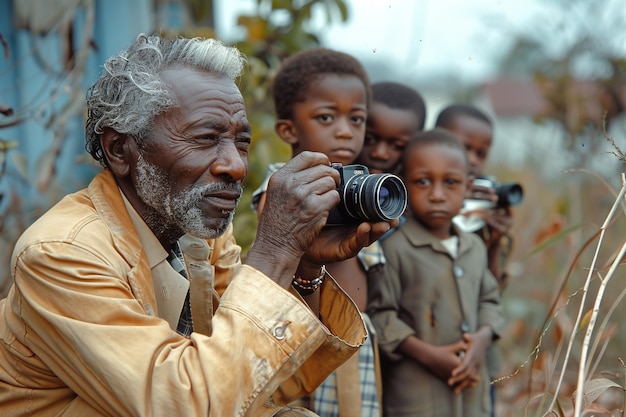 Portrait of senior man with camera device for world photography day celebration