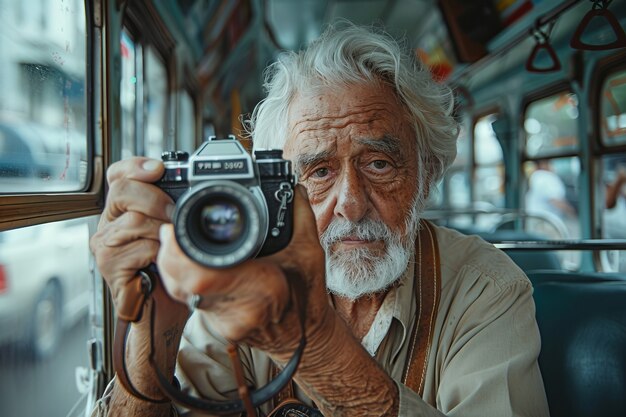 Portrait of senior man with camera device for world photography day celebration