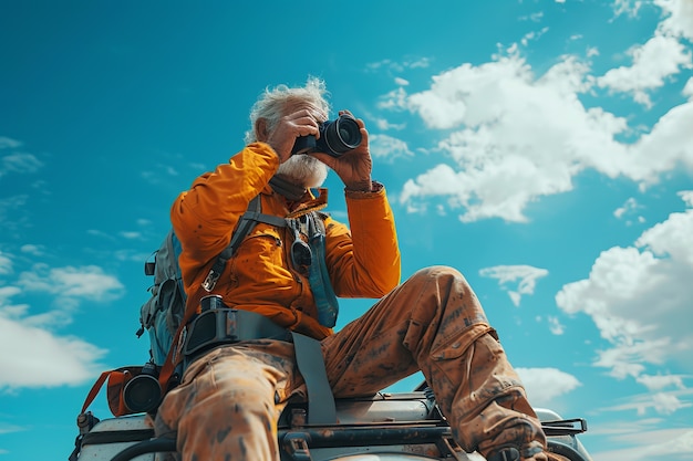 Free Photo portrait of senior man with camera device for world photography day celebration