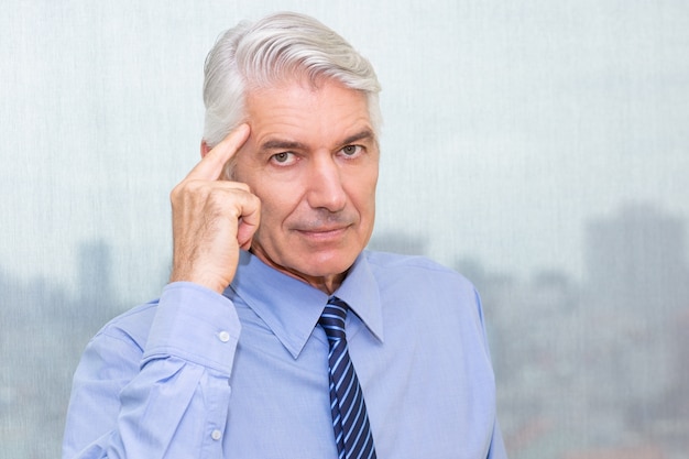 Portrait of serious businessman pointing at head