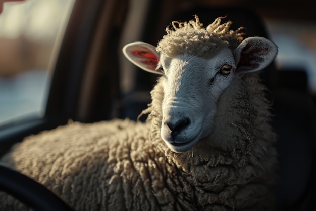 Free Photo portrait of sheep in car