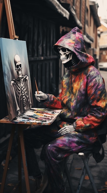 Portrait of skeleton painting on canvas