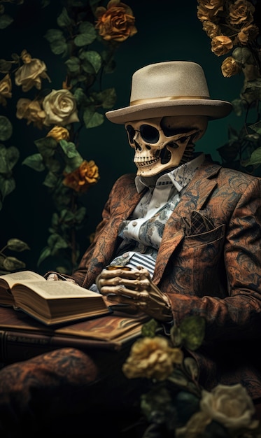 Free Photo portrait of skeleton reading book