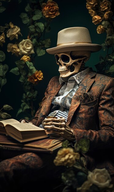 Portrait of skeleton reading book