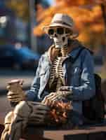 Free photo portrait of skeleton sitting on bench