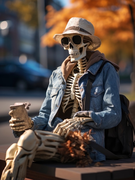 Portrait of skeleton sitting on bench