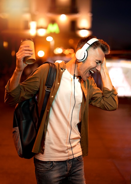 Portrait of smiley man in the city at night with headphones and coffee cup