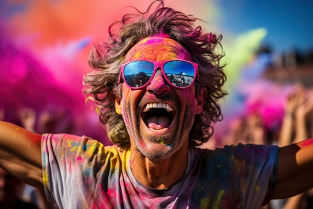 Free Photo portrait of smiley man at holi festival with colorful powder